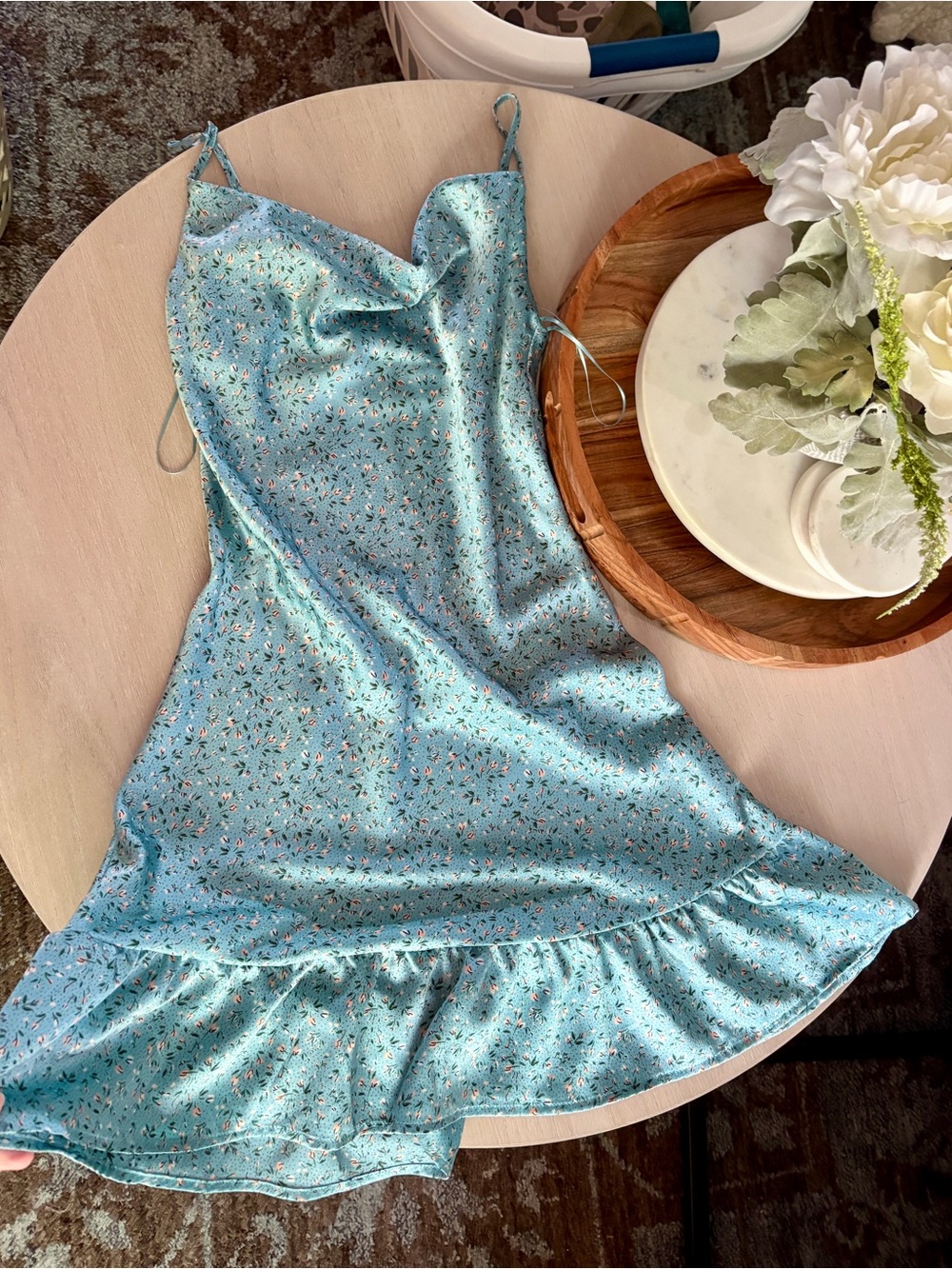 TCEC Sky Blue Floral Slip Dress with Ruffle Hem